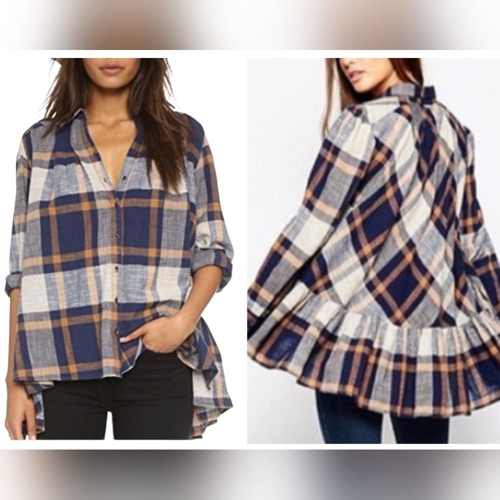 Free People Plaid High Low Ruffle Hem Cotton Button Up Blouse  Women Size Medium